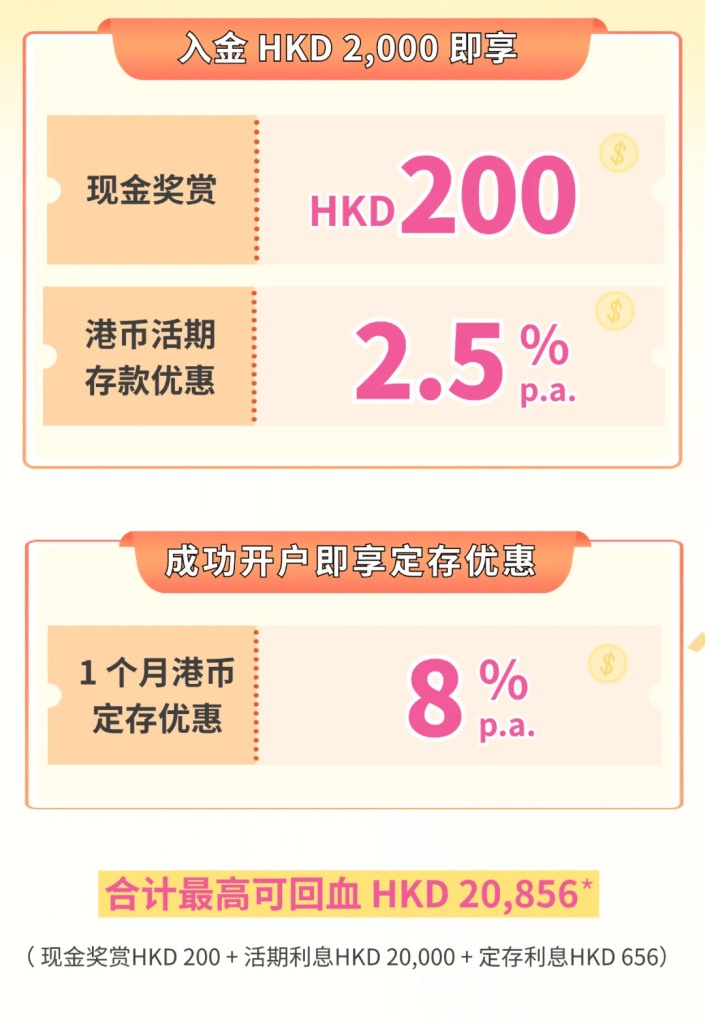 汇立银行开户后存入2000港币享 HKD 200 现金奖励